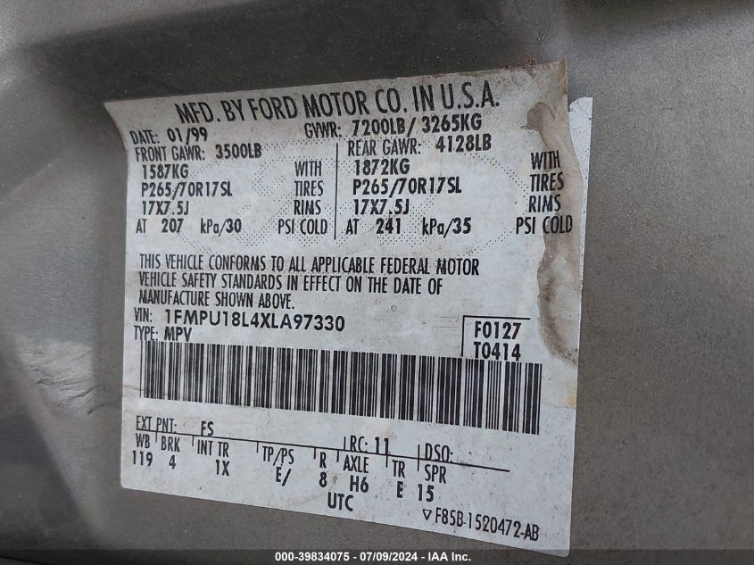 1999 Ford Expedition Eddie Bauer/Xlt VIN: 1FMPU18L4XLA97330 Lot: 39834075