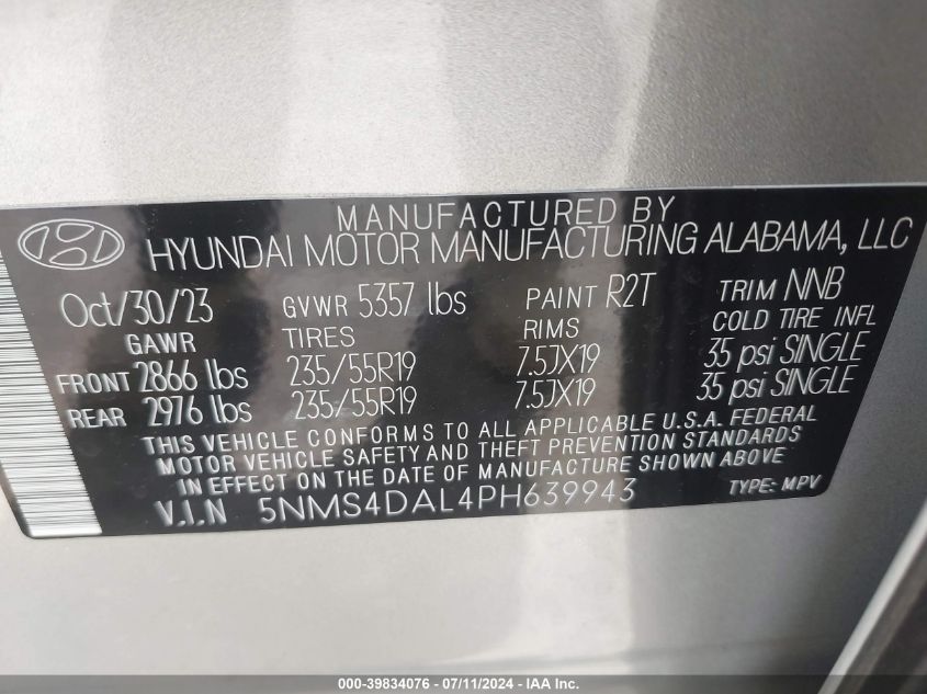 2023 Hyundai Santa Fe Limited VIN: 5NMS4DAL4PH639943 Lot: 39834076