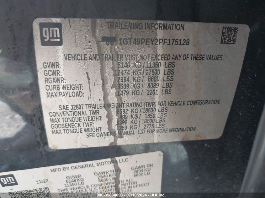 2023 GMC Sierra 2500Hd 4Wd Standard Bed At4 VIN: 1GT49PEY2PF175128 Lot: 39834093