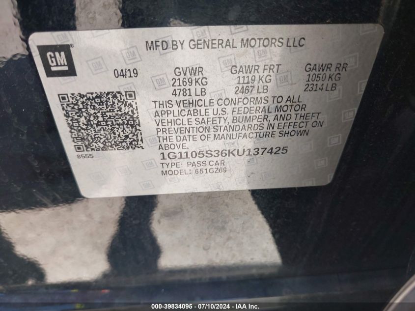 2019 Chevrolet Impala Premier VIN: 1G1105S36KU137425 Lot: 39834095