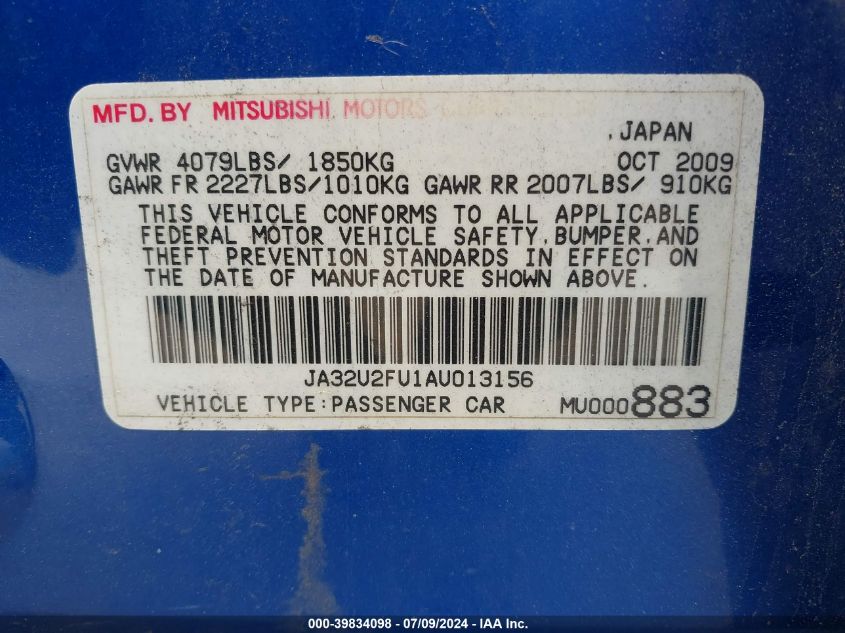 2010 Mitsubishi Lancer Es VIN: JA32U2FU1AU013156 Lot: 39834098