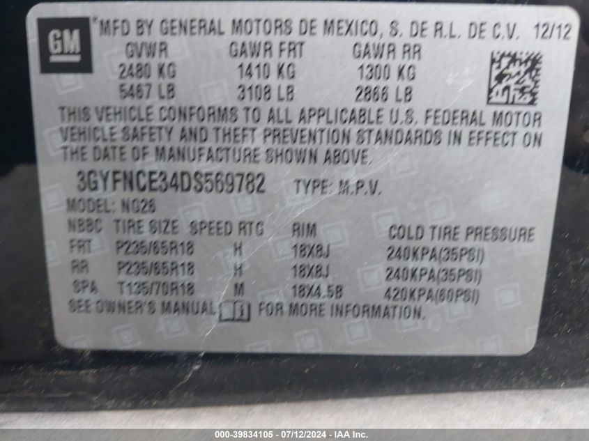 2013 Cadillac Srx Luxury Collection VIN: 3GYFNCE34DS569782 Lot: 39834105