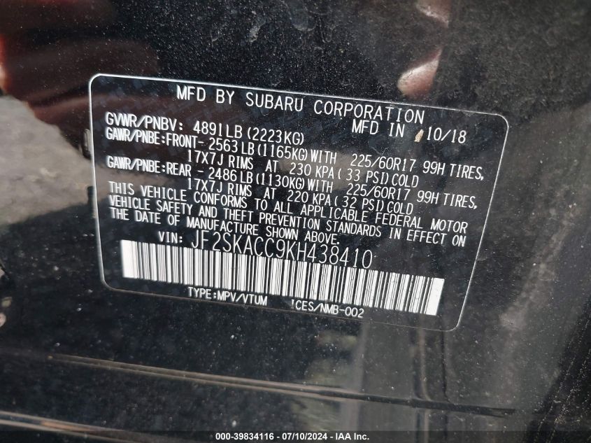 2019 Subaru Forester VIN: JF2SKACC9KH438410 Lot: 39834116