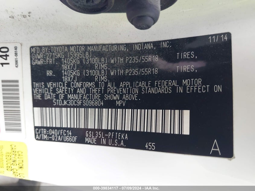 2015 Toyota Sienna Le 7 Passenger VIN: 5TDJK3DC9FS096804 Lot: 39834117