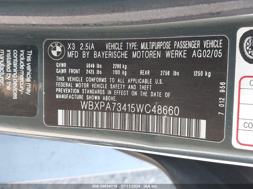 2005 BMW X3 2.5I VIN: WBXPA73415WC48660 Lot: 39834119