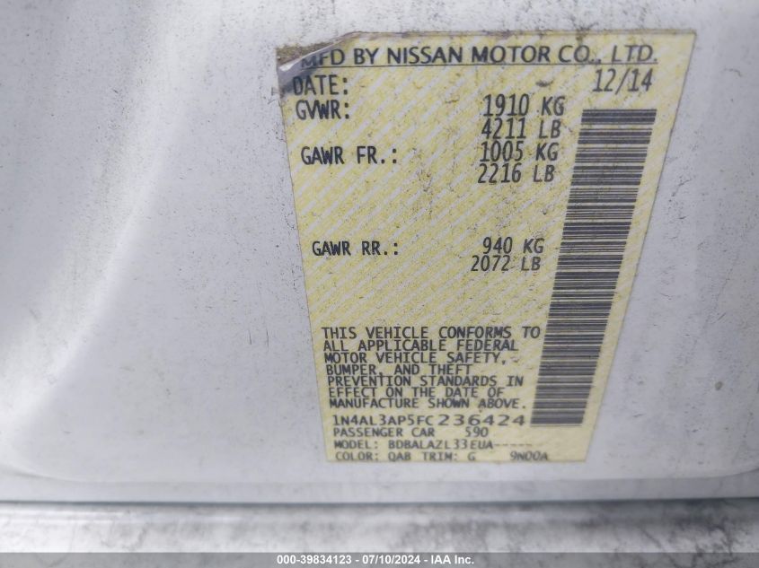 1N4AL3AP5FC236424 | 2015 NISSAN ALTIMA