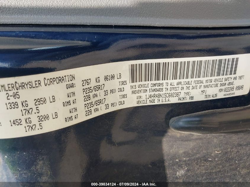 2005 Jeep Grand Cherokee Laredo VIN: 1J4HR48N15C602387 Lot: 39834124