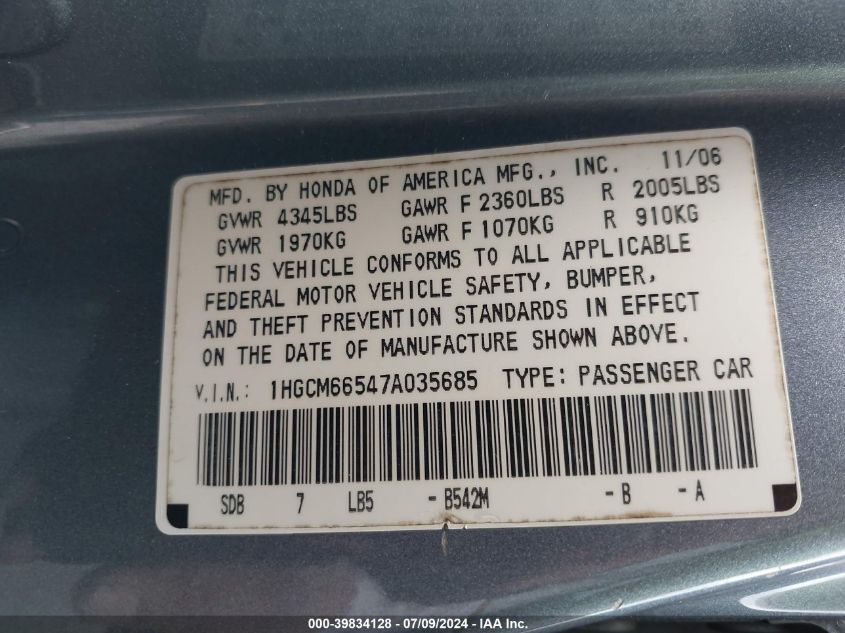 1HGCM66547A035685 | 2007 HONDA ACCORD