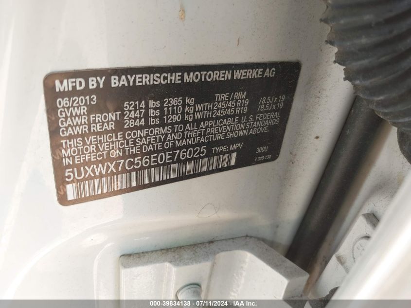 2014 BMW X3 xDrive35I VIN: 5UXWX7C56E0E76025 Lot: 39834138