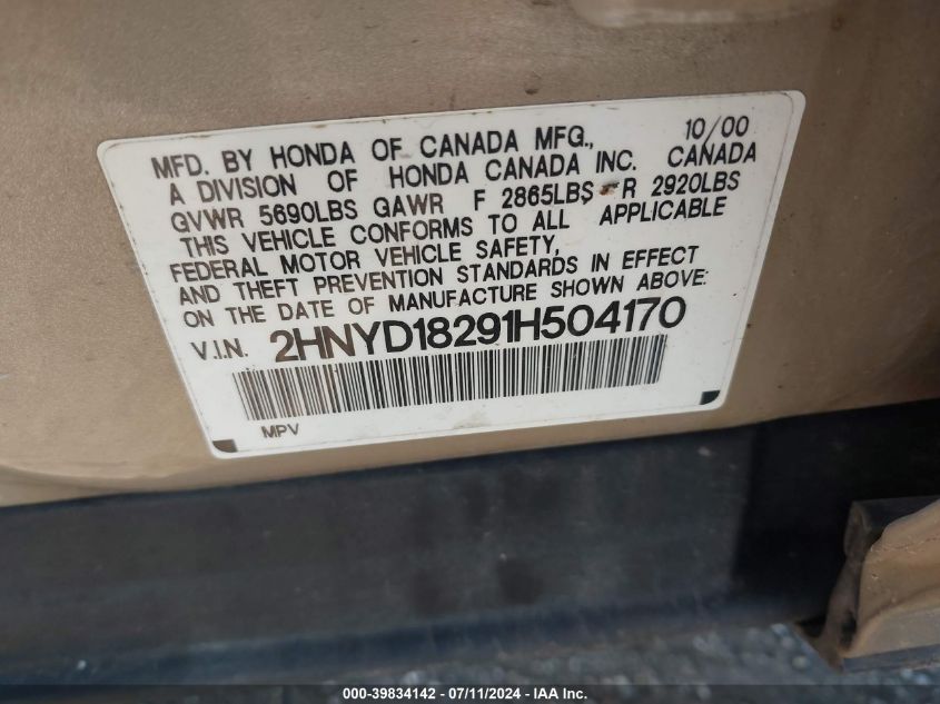 2001 Acura Mdx VIN: 2HNYD18291H504170 Lot: 39834142