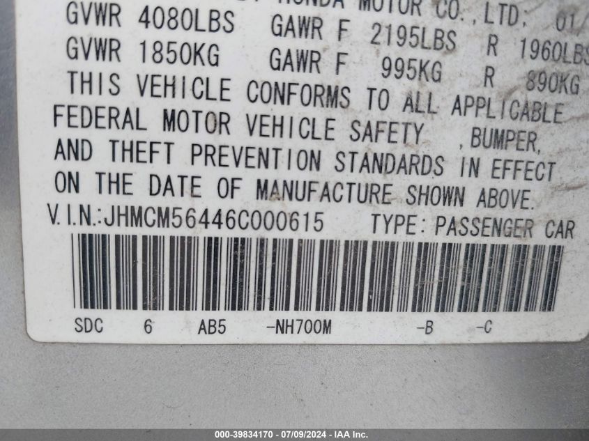 2006 Honda Accord 2.4 Lx VIN: JHMCM56446C000615 Lot: 39834170