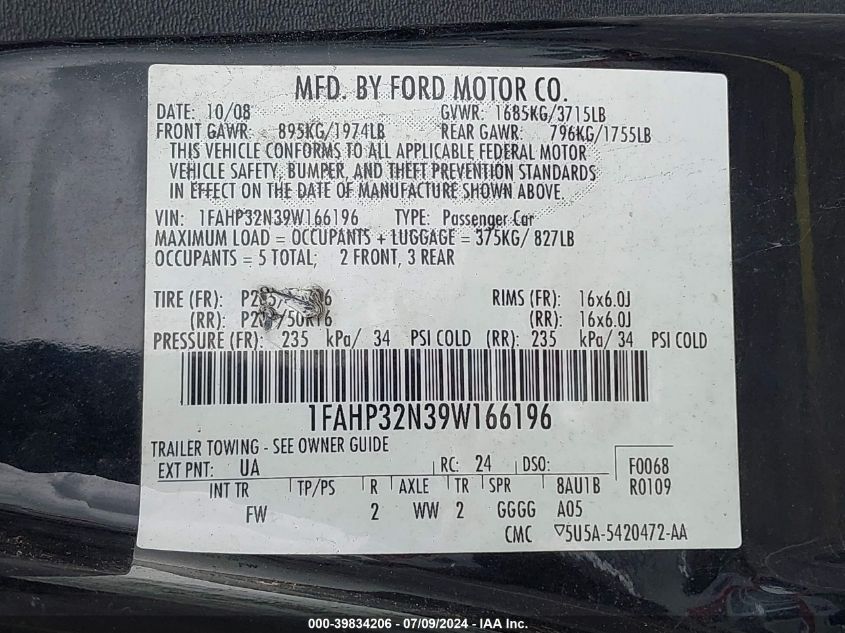 1FAHP32N39W166196 | 2009 FORD FOCUS