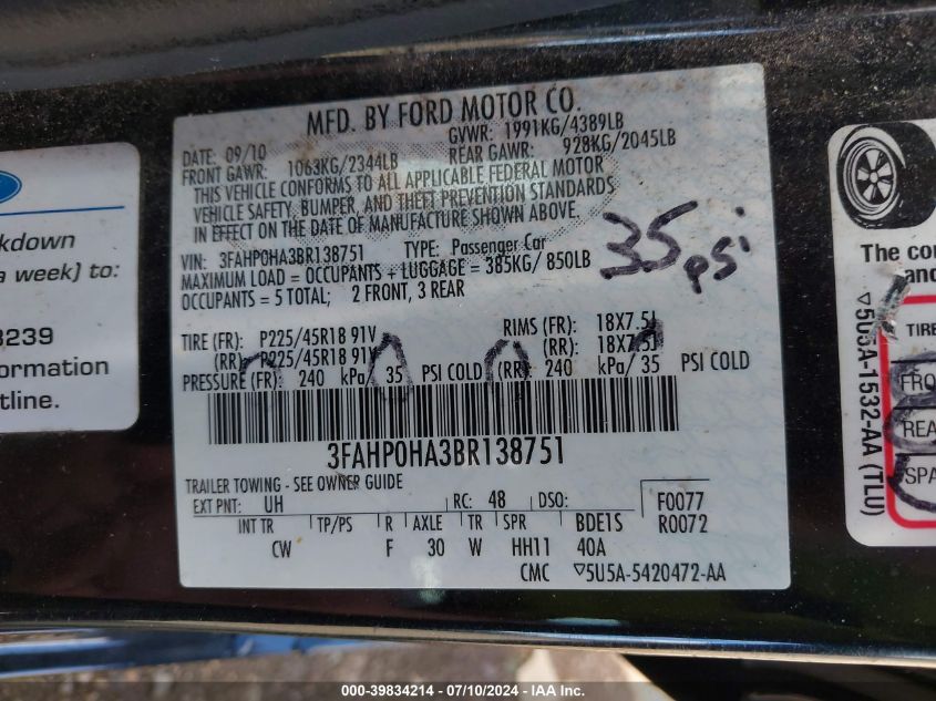 2011 Ford Fusion Se VIN: 3FAHP0HA3BR138751 Lot: 39834214