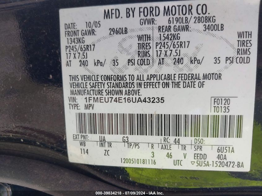 2006 Ford Explorer Eddie Bauer VIN: 1FMEU74E16UA43235 Lot: 39834218