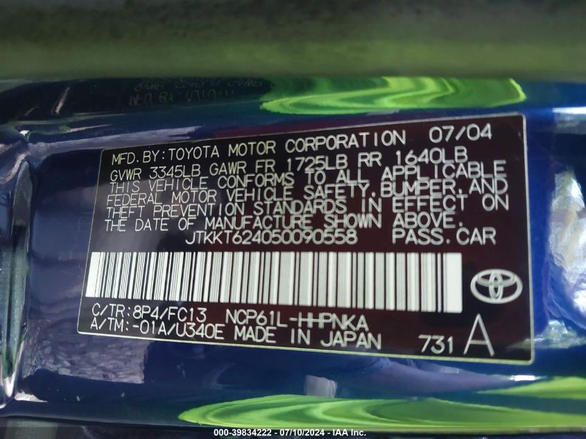 2005 Scion Xa VIN: JTKKT624050090558 Lot: 39834222