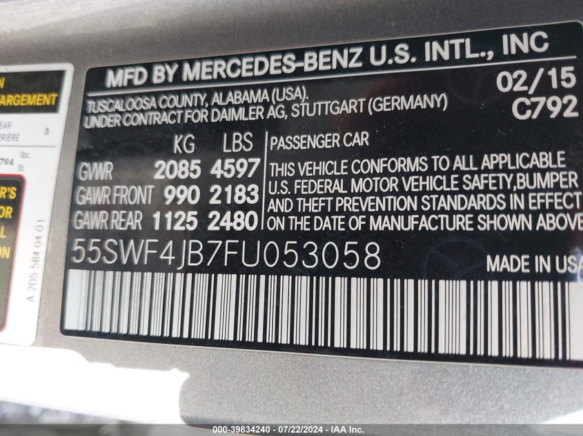 2015 Mercedes-Benz C 300 Luxury/Sport VIN: 55SWF4JB7FU053058 Lot: 39834240