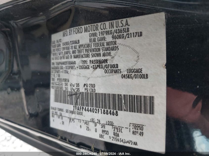 2002 Ford Mustang VIN: 1FAFP44402F188468 Lot: 39834245