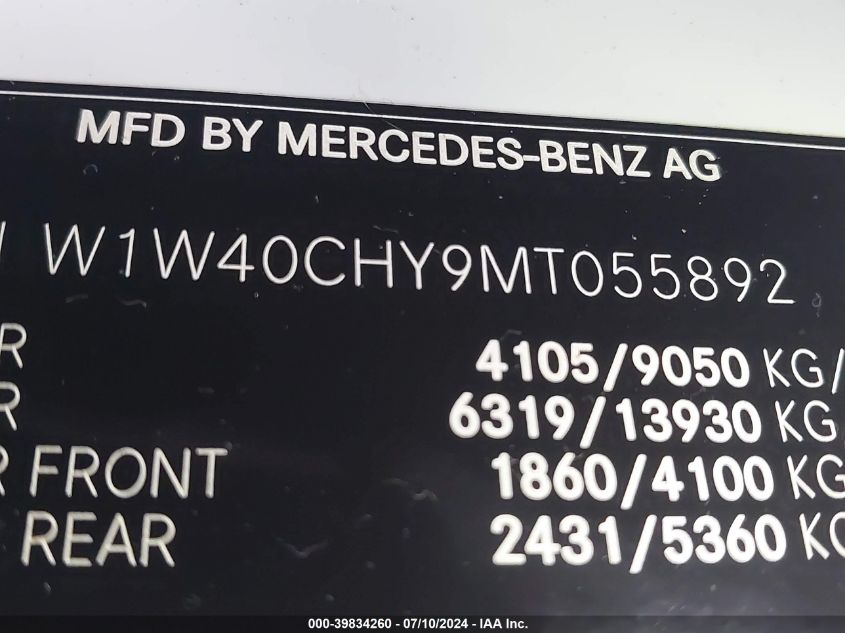 2021 Mercedes-Benz Sprinter 2500 High Roof I4 VIN: W1W40CHY9MT055892 Lot: 39834260