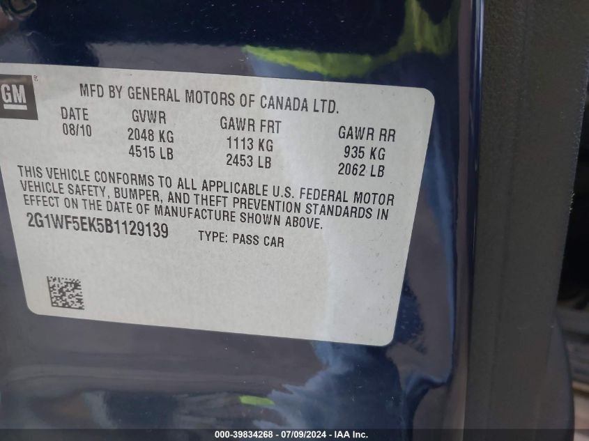 2011 Chevrolet Impala Ls VIN: 2G1WF5EK5B1129139 Lot: 39834268