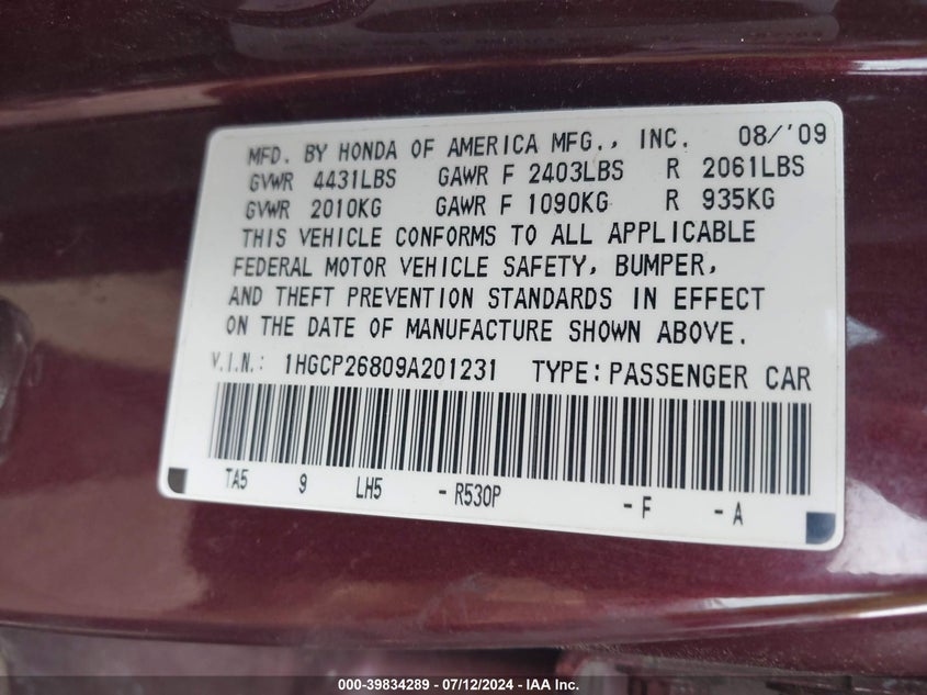 2009 Honda Accord 2.4 Ex-L VIN: 1HGCP26809A201231 Lot: 39834289