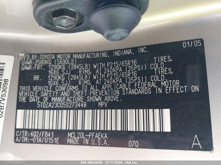 2005 Toyota Sienna Le VIN: 5TDZA23C05S273448 Lot: 39834298