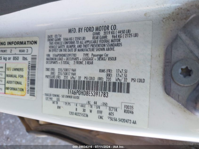 2014 Ford Fusion Se VIN: 1FA6P0HD8E5391783 Lot: 39834316