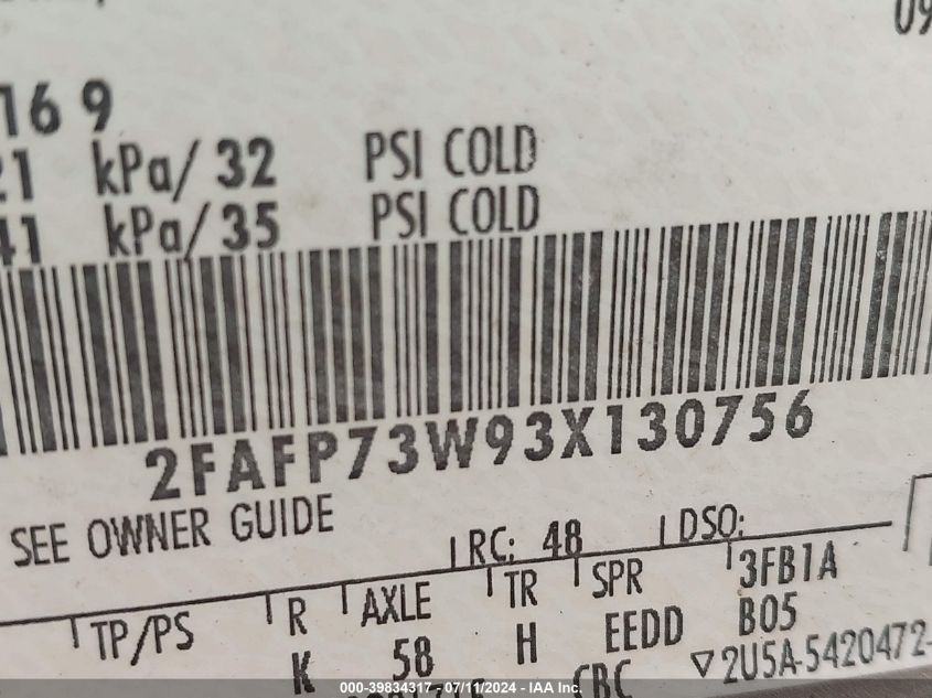 2003 Ford Crown Victoria Standard VIN: 2FAFP73W93X130756 Lot: 39834317