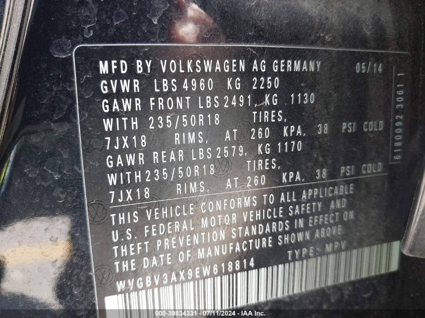 2014 VOLKSWAGEN TIGUAN SEL - WVGBV3AX9EW618814