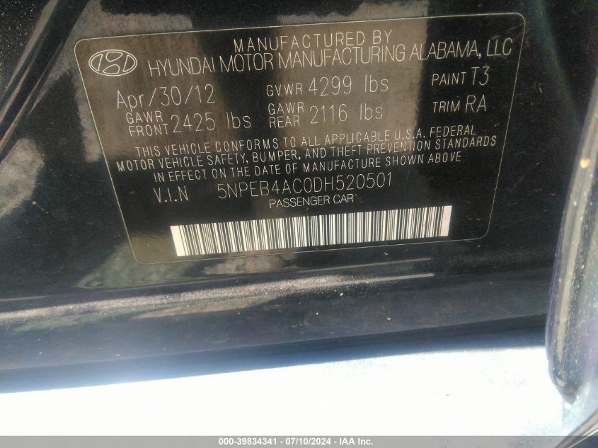 2013 Hyundai Sonata Gls VIN: 5NPEB4AC0DH520501 Lot: 39834341