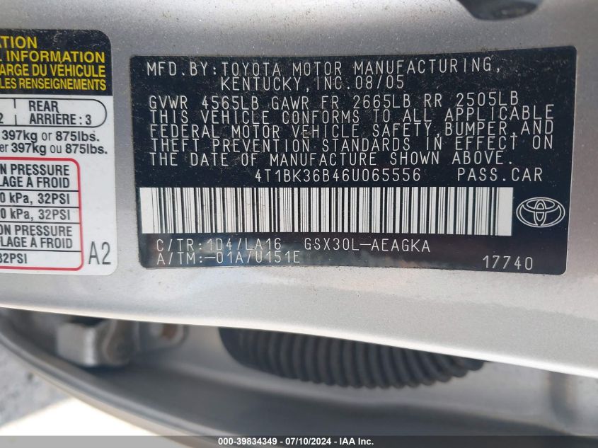 2006 Toyota Avalon Xls VIN: 4T1BK36B46U065556 Lot: 39834349