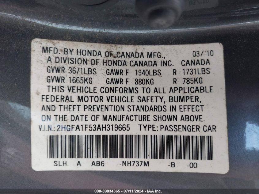 2010 Honda Civic Lx VIN: 2HGFA1F53AH319665 Lot: 39834365