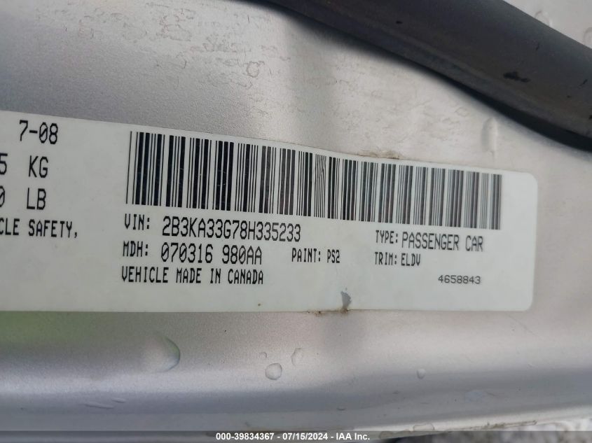 2008 Dodge Charger Sxt VIN: 2B3KA33G78H335233 Lot: 39834367