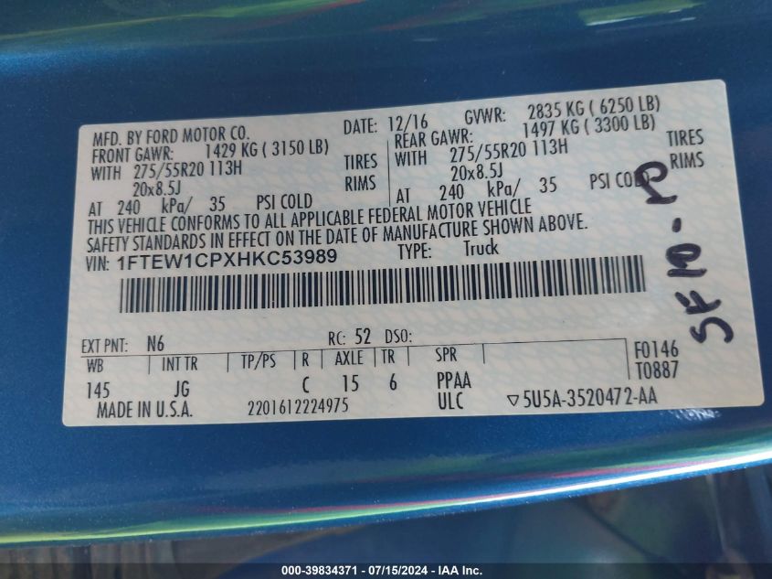 2017 Ford F-150 Xl VIN: 1FTEW1CPXHKC53989 Lot: 39834371