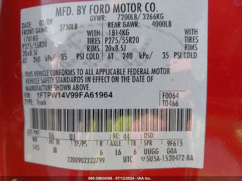 2009 Ford F-150 Supercrew VIN: 1FTPW14V99FA61964 Lot: 39834388