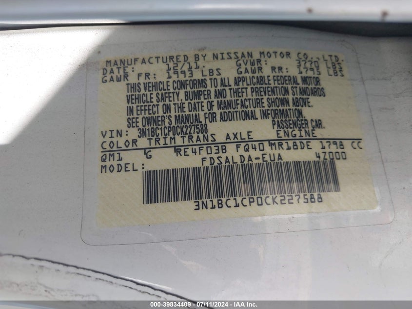 2012 Nissan Versa 1.8 S VIN: 3N1BC1CP0CK227588 Lot: 39834409