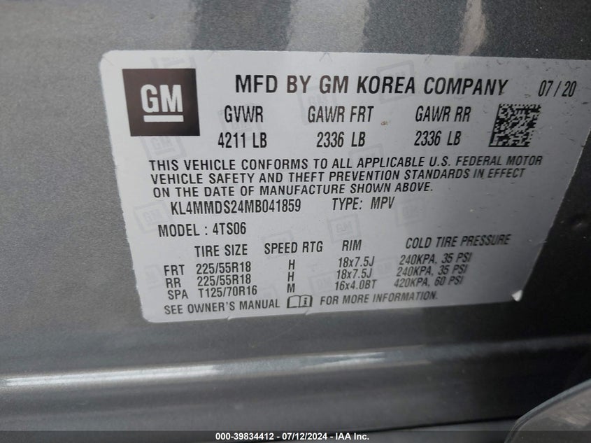 2021 BUICK ENCORE GX 1.2L I-3 DI, DOHC, V(VIN: KL4MMDS24MB041859