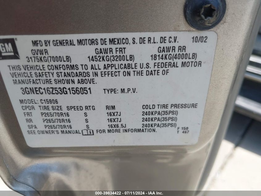 2003 Chevrolet Suburban 1500 Lt VIN: 3GNEC16Z53G156051 Lot: 39834422