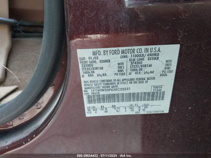 2003 Ford F-350 Lariat/Xl/Xlt VIN: 1FTWW33P63EC22231 Lot: 39834432