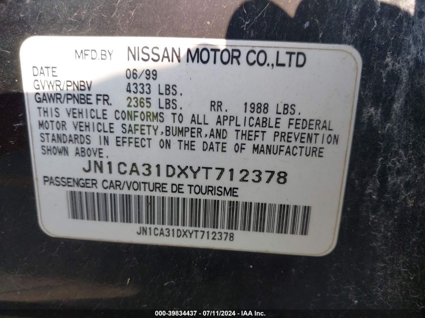 2000 Nissan Maxima Gle/Gxe/Se VIN: JN1CA31DXYT712378 Lot: 39834437