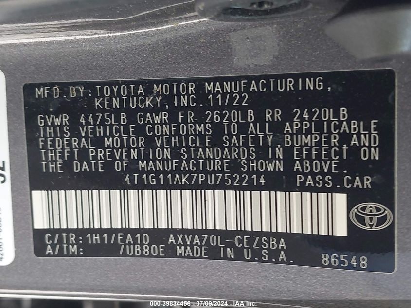 4T1G11AK7PU752214 | 2023 TOYOTA CAMRY