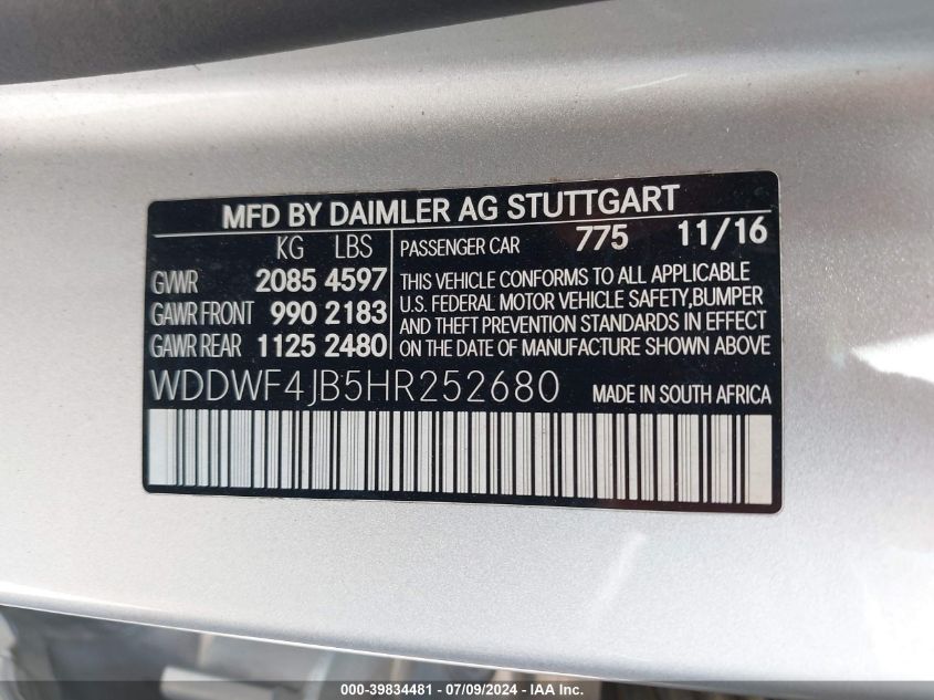 2017 Mercedes-Benz C 300 Luxury/Sport VIN: WDDWF4JB5HR252680 Lot: 39834481