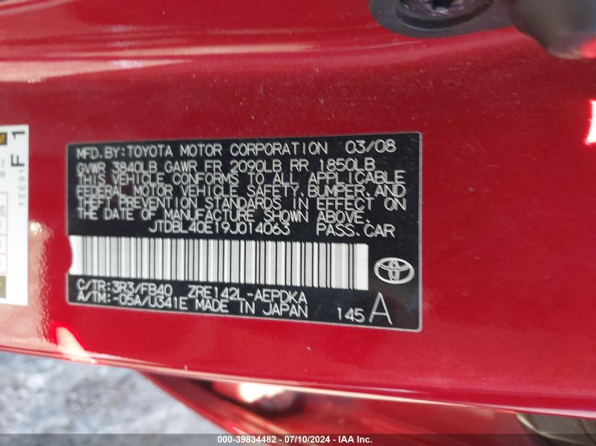 2009 Toyota Corolla Le VIN: JTDBL40E19J014063 Lot: 39834482