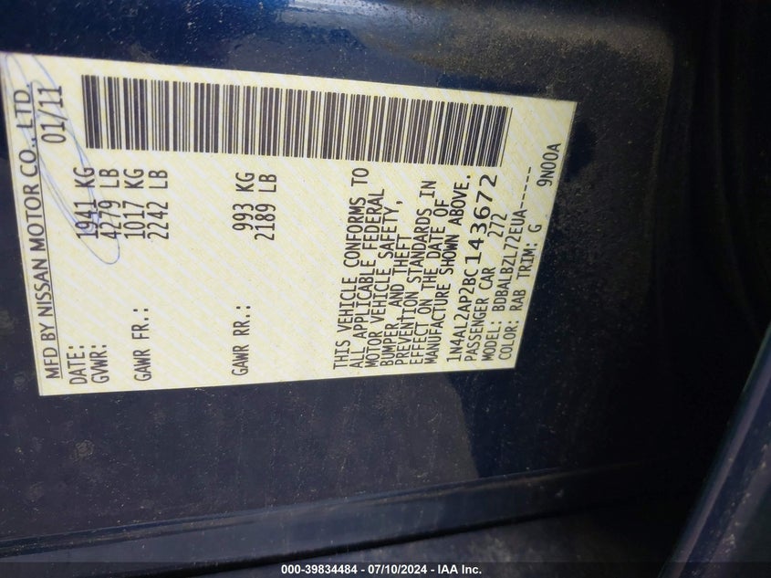 2011 Nissan Altima 2.5 S VIN: 1N4AL2AP2BC143672 Lot: 39834484