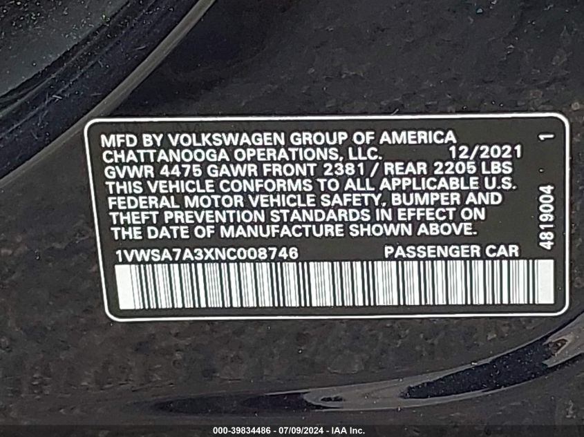 2022 Volkswagen Passat 2.0T Se VIN: 1VWSA7A3XNC008746 Lot: 39834486