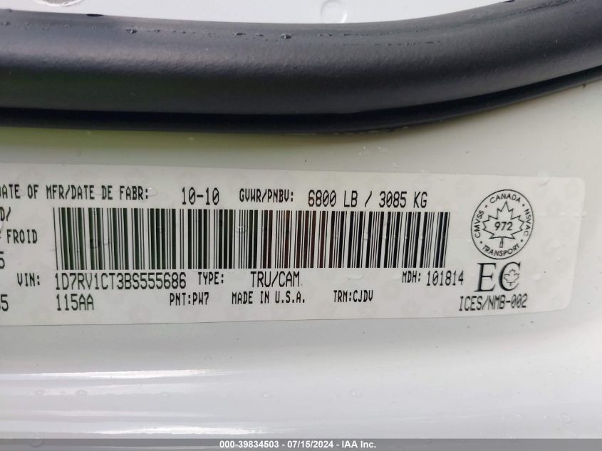 2011 Ram Ram 1500 Sport VIN: 1D7RV1CT3BS555686 Lot: 39834503