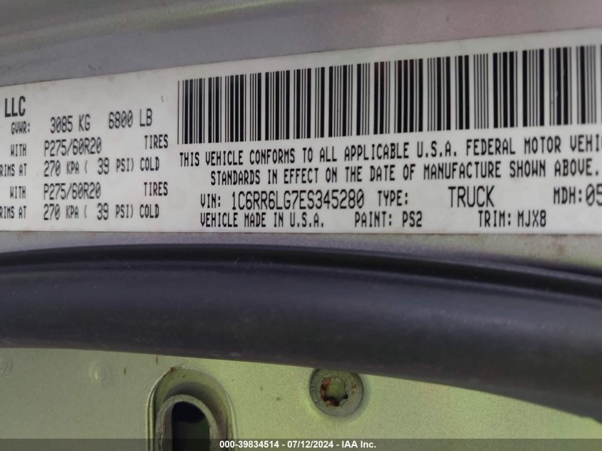 2014 Ram 1500 Big Horn VIN: 1C6RR6LG7ES345280 Lot: 39834514