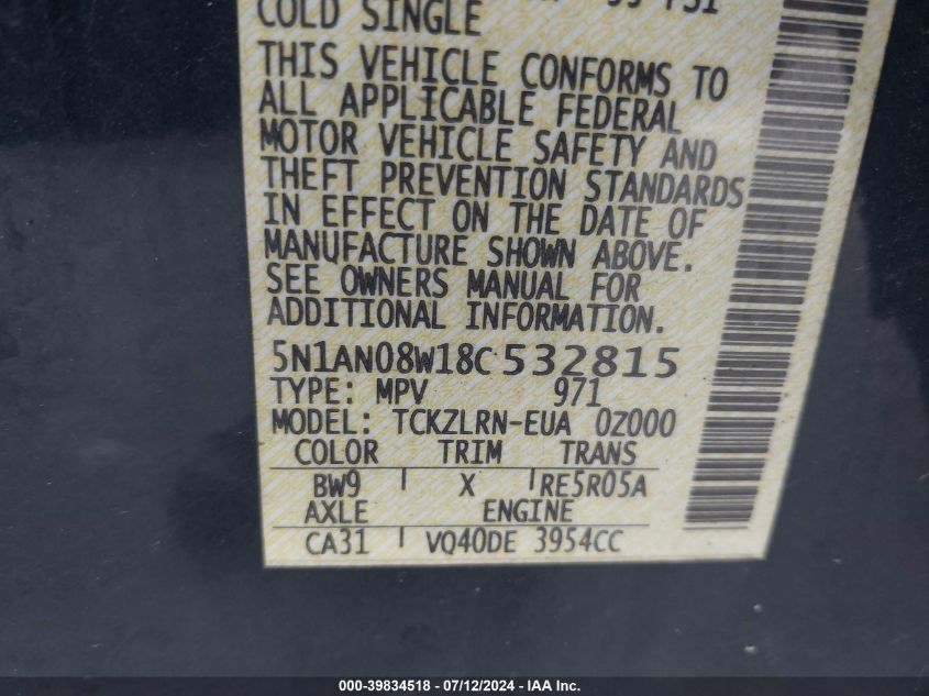 2008 Nissan Xterra S VIN: 5N1AN08W18C532815 Lot: 39834518