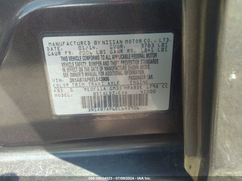 2014 Nissan Sentra Fe+ S/Fe+ Sv/S/Sl/Sr/Sv VIN: 3N1AB7AP6EL643906 Lot: 39834523