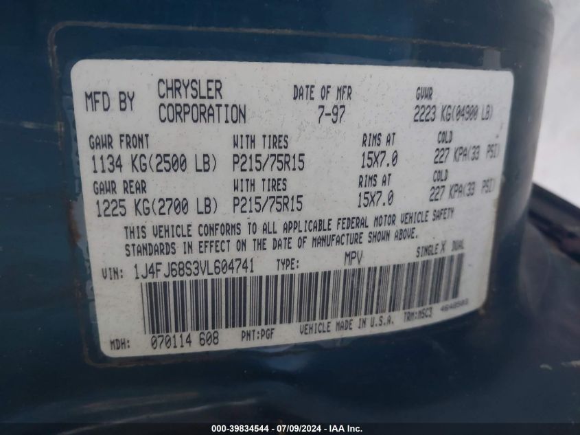 1997 Jeep Cherokee Sport VIN: 1J4FJ68S3VL604741 Lot: 39834544