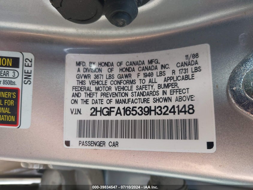 2009 Honda Civic Lx VIN: 2HGFA16539H324148 Lot: 39834547